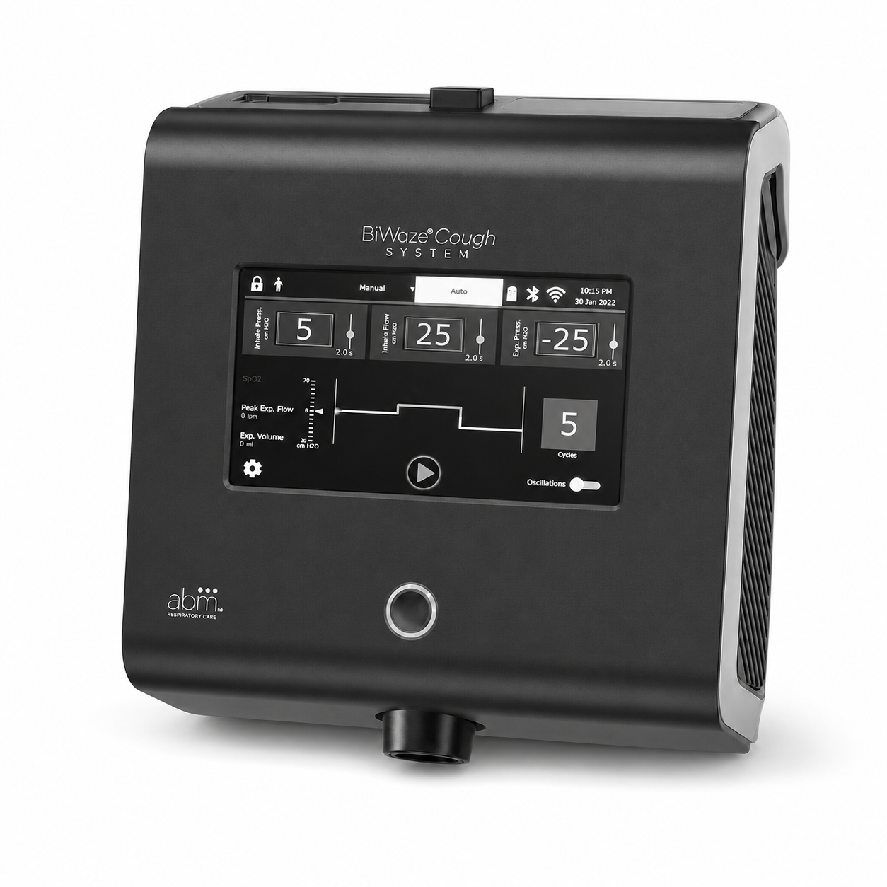 A BiWaze Cough mechanical insufflation-exsufflation machine: a bedside unit with a touchscreen control panel, connected by tubing to a patient interface.