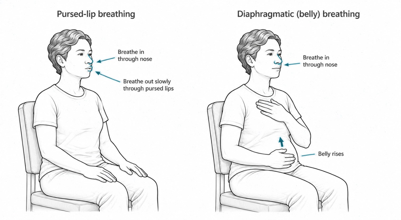 Two breathing techniques, side by side, each a person seated upright in a chair. Pursed-lip breathing: breathe in through the nose, then breathe out slowly through pursed lips. Diaphragmatic or belly breathing: one hand on the chest and one on the abdomen, breathing in through the nose so that the belly rises.