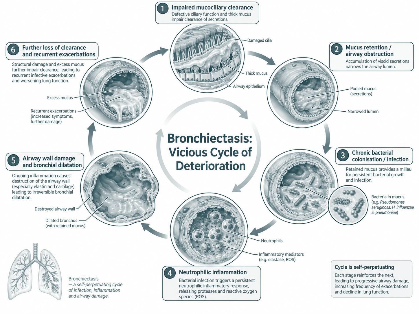 The vicious cycle of bronchiectasis as six linked stages: impaired mucociliary clearance, mucus retention and airway obstruction, chronic bacterial colonisation and infection, neutrophilic inflammation releasing proteases and reactive oxygen species, airway wall damage and bronchial dilatation, then further loss of clearance and recurrent exacerbations, which returns to the start