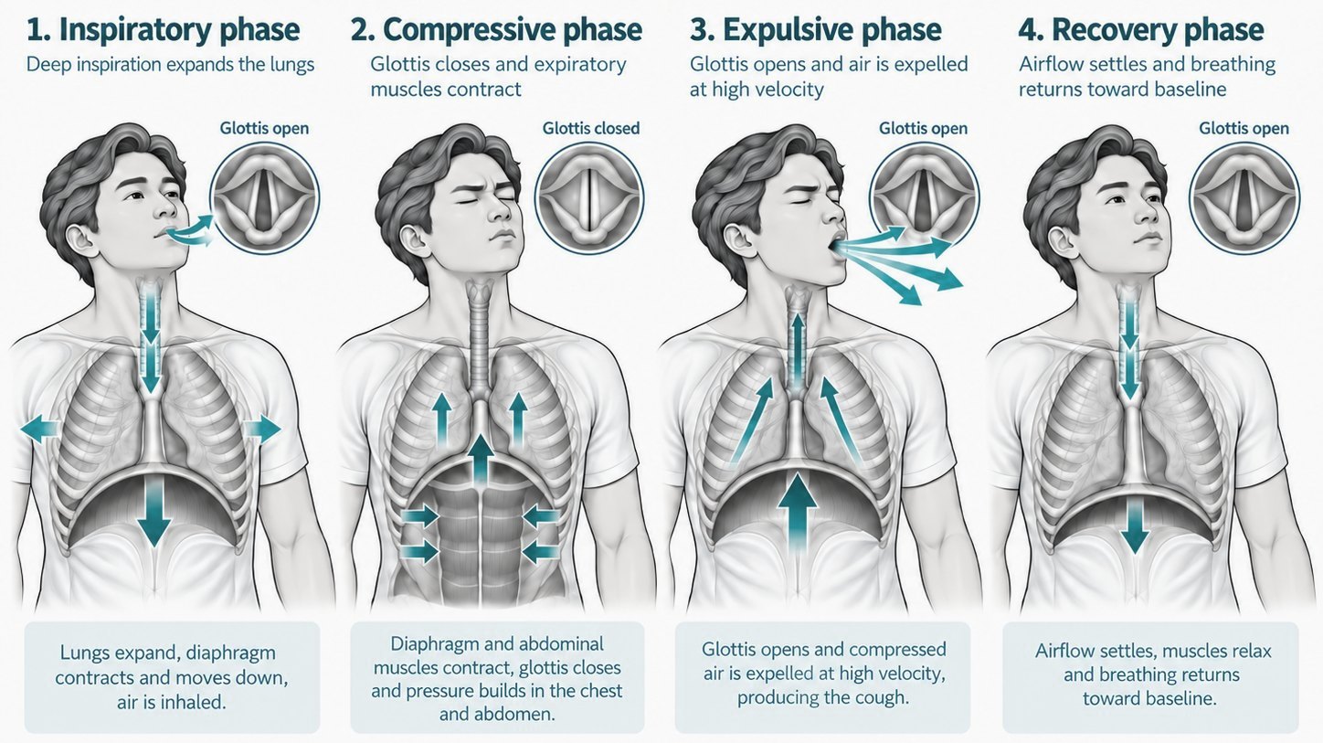 The four phases of a cough, shown left to right as four figures with an inset view of the glottis above each. 1. Inspiratory phase: deep inspiration expands the lungs, glottis open, diaphragm contracts and moves down, air is inhaled. 2. Compressive phase: the glottis closes and the diaphragm and abdominal muscles contract, so pressure builds in the chest and abdomen. 3. Expulsive phase: the glottis opens and the compressed air is expelled at high velocity, producing the cough. 4. Recovery phase: the glottis is open again, airflow settles, muscles relax and breathing returns toward baseline.