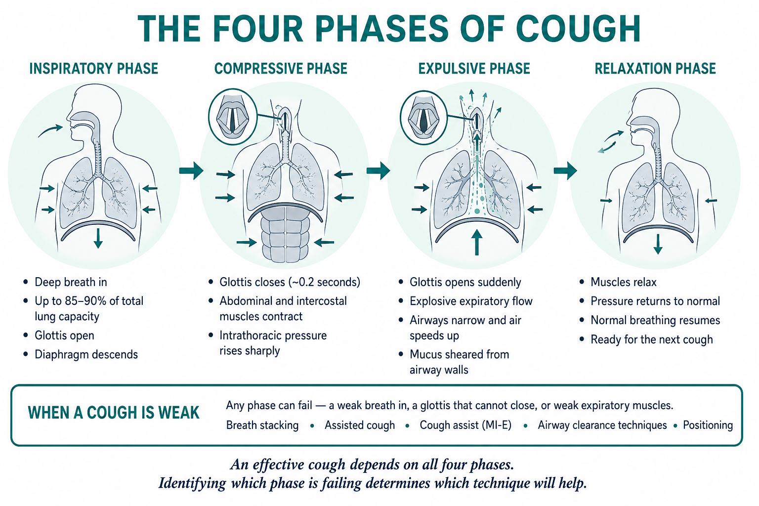 The four phases of a cough, shown left to right. Inspiratory phase: a deep breath in to 85 to 90 per cent of total lung capacity, glottis open, diaphragm descending. Compressive phase: the glottis closes for about 0.2 seconds while abdominal and intercostal muscles contract, raising intrathoracic pressure sharply. Expulsive phase: the glottis opens suddenly, producing explosive expiratory flow; the airways narrow, air speeds up and mucus is sheared from the airway walls. Relaxation phase: muscles relax, pressure returns to normal and normal breathing resumes. A footer notes that any phase can fail — a weak breath in, a glottis that cannot close, or weak expiratory muscles — and lists breath stacking, assisted cough, cough assist (MI-E), airway clearance techniques and positioning.
