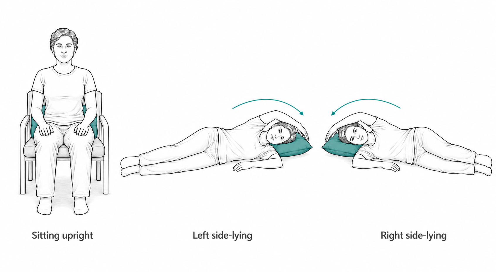 Gravity-assisted positions for draining each bronchopulmonary segment, with the segment being treated uppermost