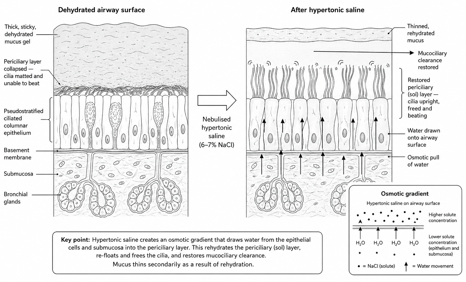Before-and-after cross-section showing how nebulised hypertonic saline draws water onto the airway surface, rehydrating the collapsed periciliary layer so matted cilia stand upright and mucociliary clearance is restored.