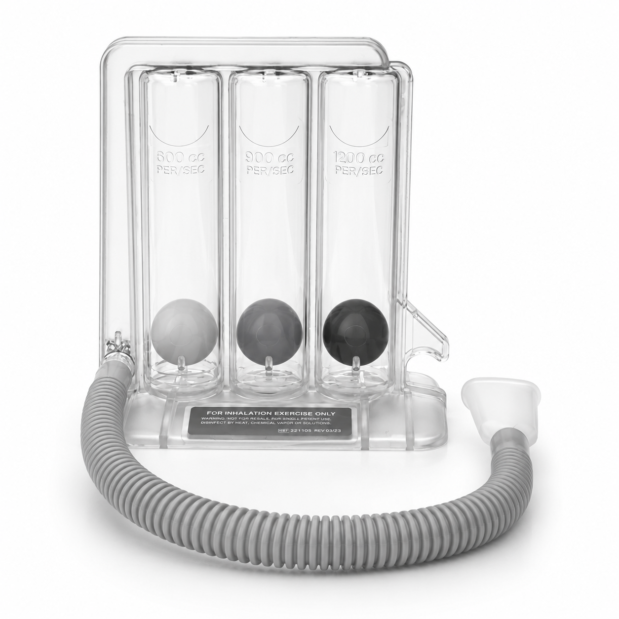 An incentive spirometer, showing the mouthpiece, the flow indicator and the volume target