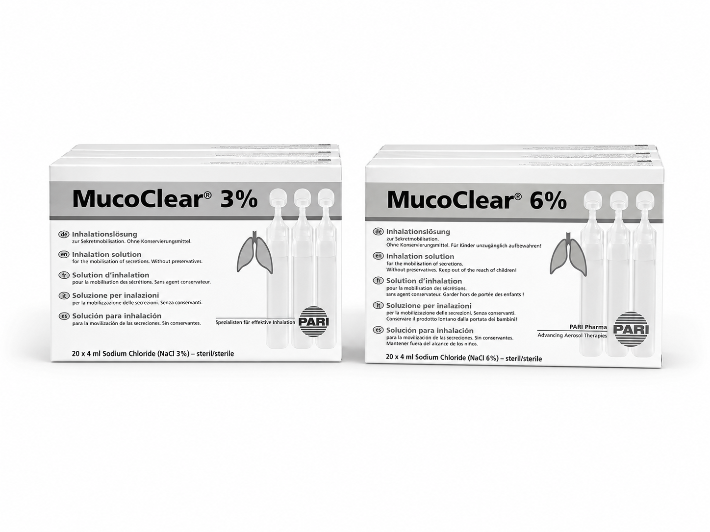 PARI MucoClear hypertonic saline ampoules — 3% and 6% strengths