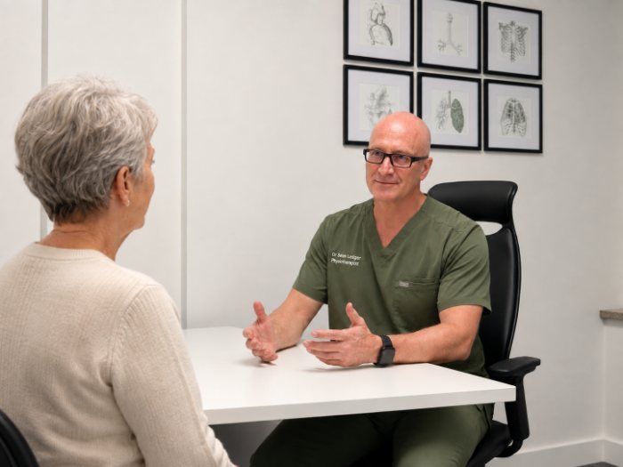 Dr Sean Ledger talking with a patient across the desk in a consulting room