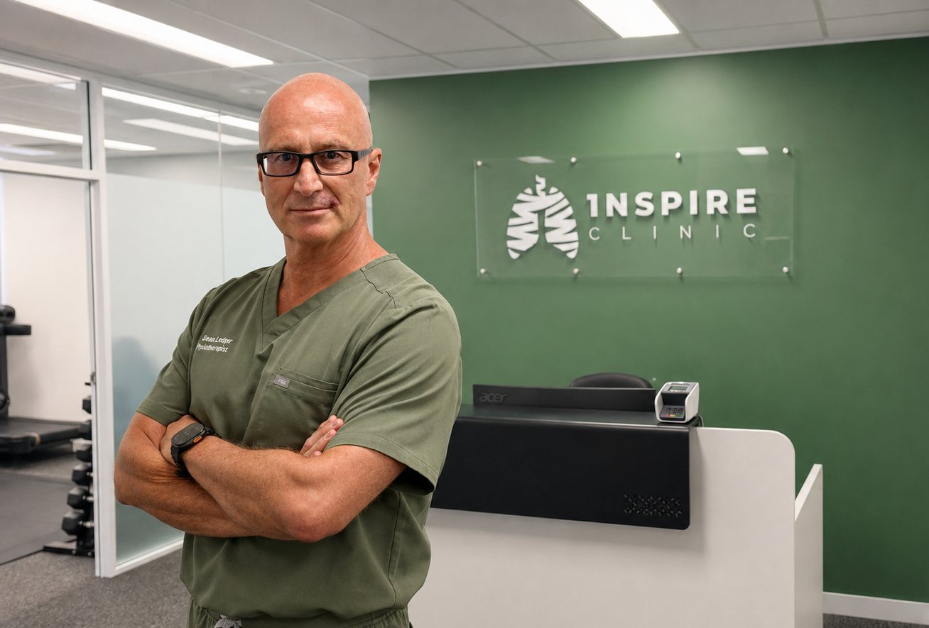 Dr Sean Ledger standing at reception in front of the Inspire Clinic sign