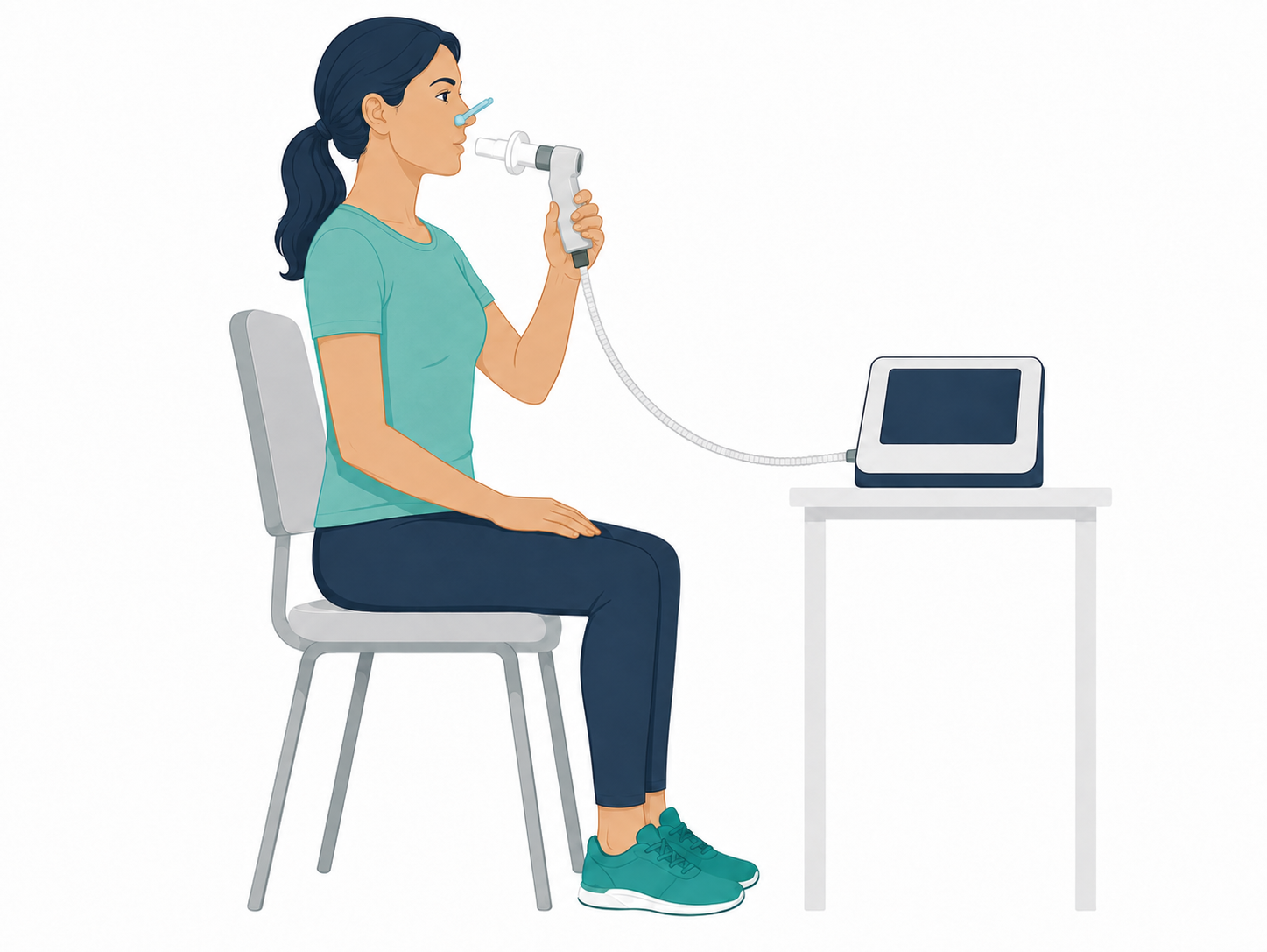 Correct positioning for spirometry: seated upright, feet supported, chin level, with a firm seal around the mouthpiece