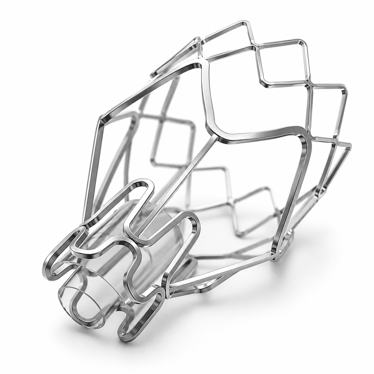 A one-way endobronchial valve — a transparent silicone duckbill valve on a self-expanding nitinol strut frame